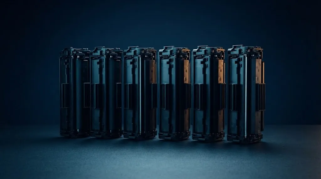 Raf üzerinde sıralanmış lazer toner kartuşları
